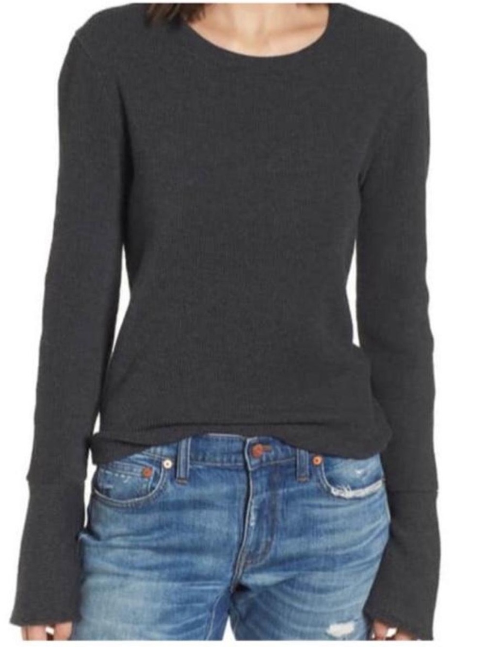 Madewell Ribbed Long Bell Sleeve Top Charcoal Grey Casual Romantic Relaxed M